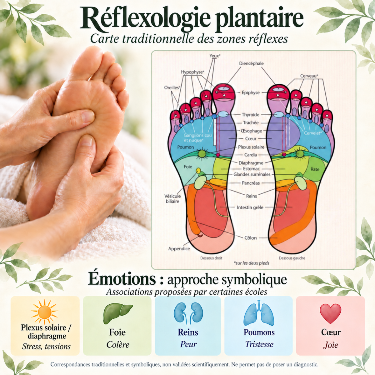 Carte des zones réflexes des pieds en réflexologie plantaire, cabinet Soins et Harmonie à La Tour-de-Peilz